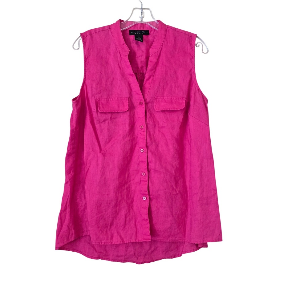 Grace Elements Woman Hot Pink 100% Linen Sleeveless Button Down Shirt Plus 0X